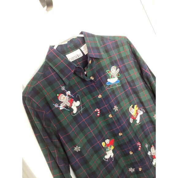 Casey & Max Women Plaid Flannel Holiday Button Front embroidered Top Blue Small - Picture 2 of 8